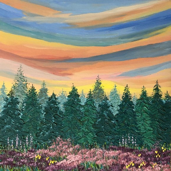 Handpainted Other - Sunrise in the Pine Grove, Original Painting 12x12